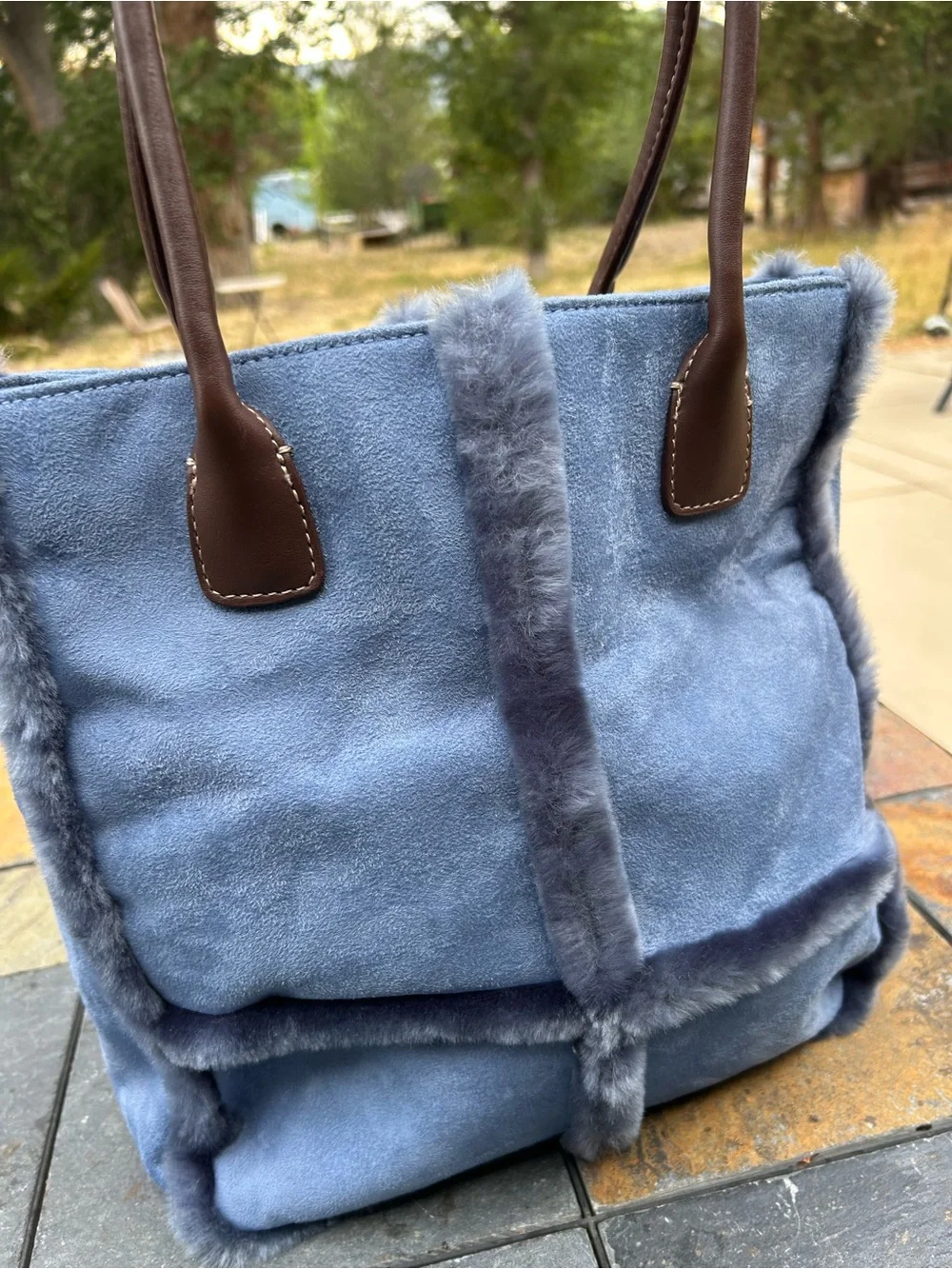 Blue Faux-Suede Tote Bag with Fur Trim Liz Clairborne